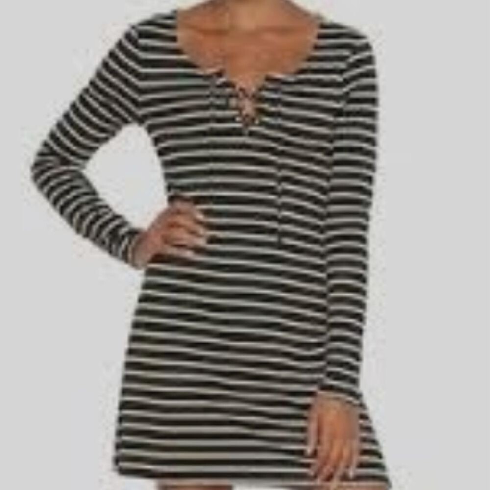 About A Girl Pinstripe Black White Long Sleeve Flare Dress Size M